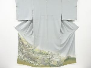 作家物　手描き友禅水辺に樹木寺院風景模様三つ紋色留袖(比翼付き)